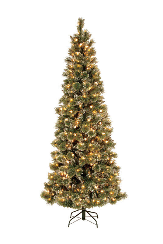 National Tree, Celebrations Glittery Bristle Slim Prelit Pine Tree Soft White 500 Lights 7' Tall 809 Tips