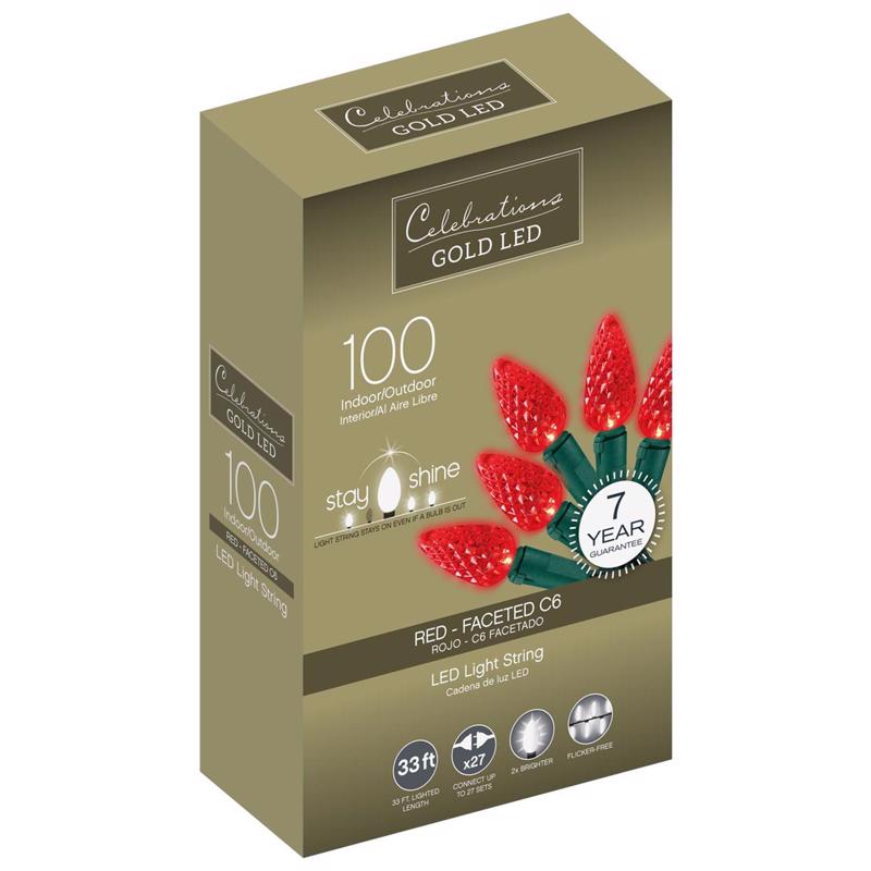 ACE TRADING - INLITEN 13, Celebrations Gold LED C6 Red 100 ct String Christmas Lights 33 ft.