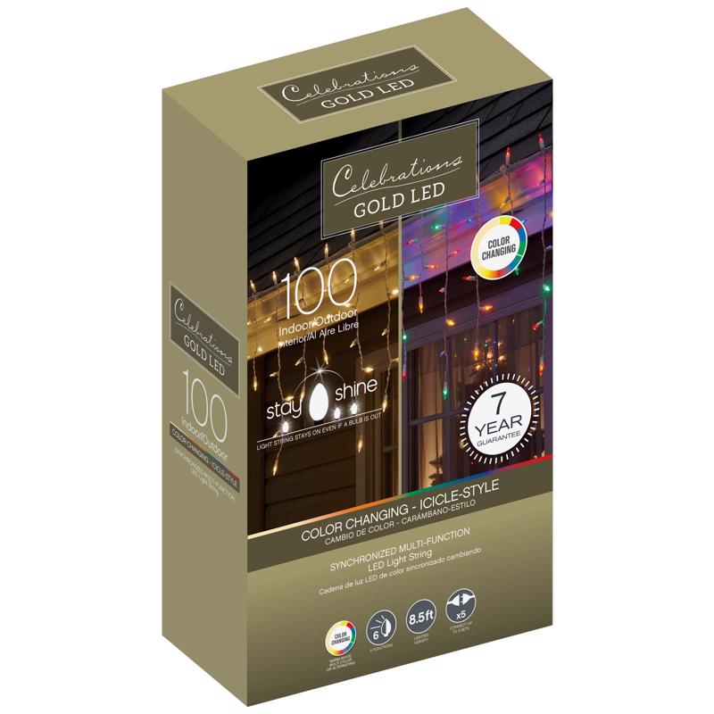 ACE TRADING - INLITEN 13, Celebrations Gold LED Mini Multicolored/Warm White 100 ct Icicle Christmas Lights 8.5 ft.