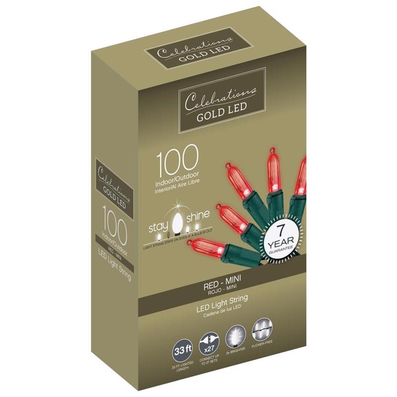 ACE TRADING - INLITEN 13, Celebrations Gold LED Mini Red 100 ct String Christmas Lights 33 ft.