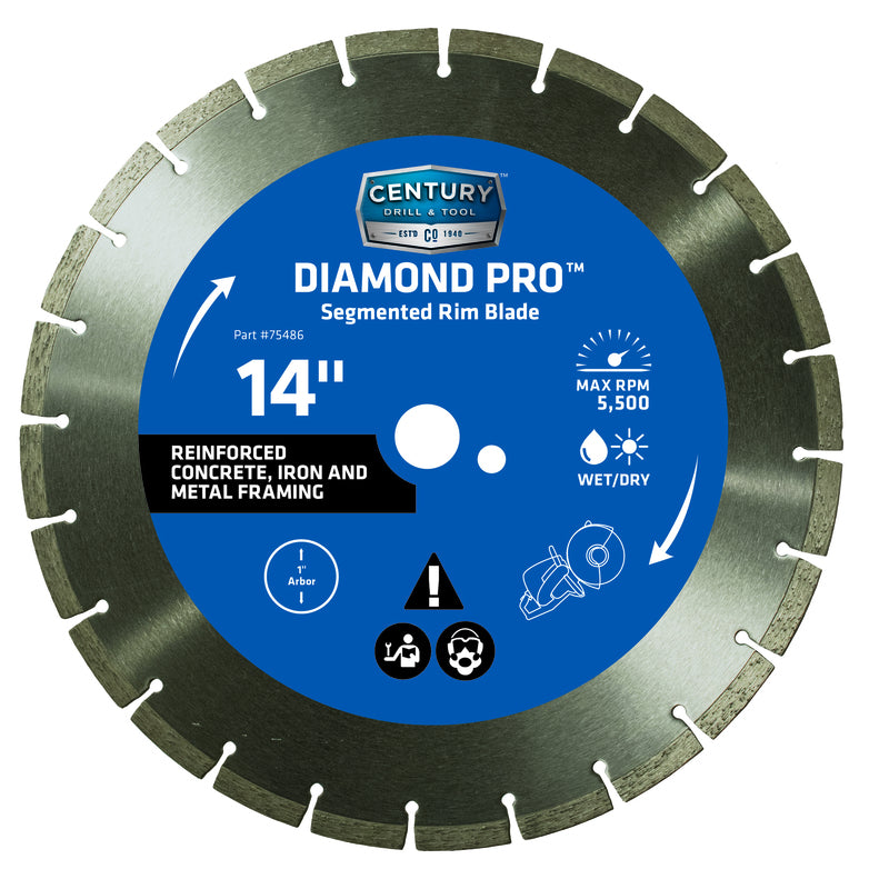 CENTURY DRILL & TOOL LLC, Century Drill & Tool 14 in. Dia. x 1 in. Diamond Segmented Rim Diamond Saw Blade 1 pk