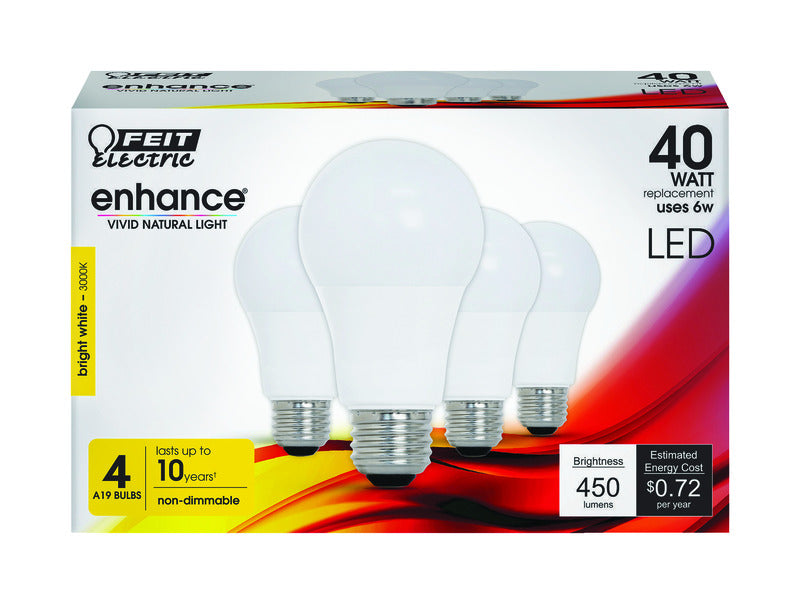FEIT ELECTRIC CO, Feit Enhance A19 E26 (Medium) LED Bulb Bright White 40 Watt Equivalence 4 pk
