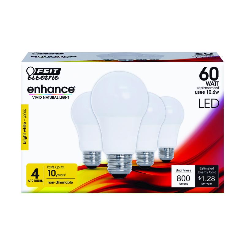 FEIT ELECTRIC CO, Feit Enhance A19 E26 (Medium) LED Bulb Bright White 60 Watt Equivalence 4 pk