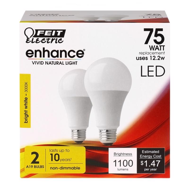 FEIT ELECTRIC CO, Feit Enhance A19 E26 (Medium) LED Bulb Bright White 75 Watt Equivalence 2 pk